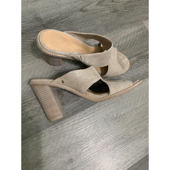 UGG Shoes Womens Size 11 Taupe Suede Heeled Sandals Open Toe Slip On Mule - Picture 2 of 7
